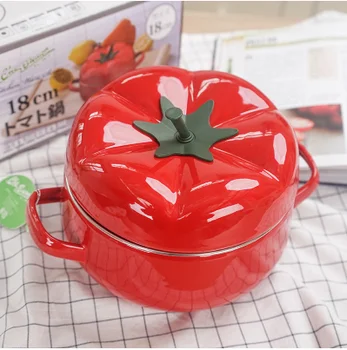 

18cm Enamel tomato soup pot Thickening Double ears soup pot Strawberry single handle milk pot kitchen pots ceramic stew pot
