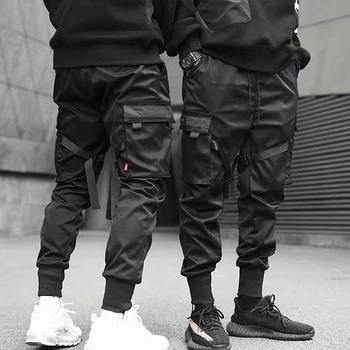

Men Ribbons Color Block Black Pocket Cargo Pants 2020 Harem Joggers Harajuku Sweatpant Hip Hop Trousers Casual Pants Dance Pants