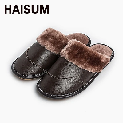Dark brown Мужские тапочки; зимние домашние Нескользящие термальные тапочки из натуральной кожи; Новинка года; Лидер продаж; Haisum H-8832 - Цвет: Dark brown