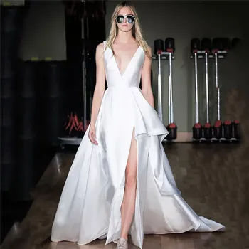 

V-Neck A-Line Satin Split Side Wedding Dresses Bridal Gowns Sleeveless Pleated Fashion Robe De Mariage Simple