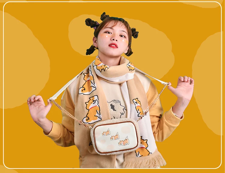 Cartoon Corgi Winter Women Scarf Long Scarf Tassel Soft Warm Scarves Female Cute Cherry Scarves