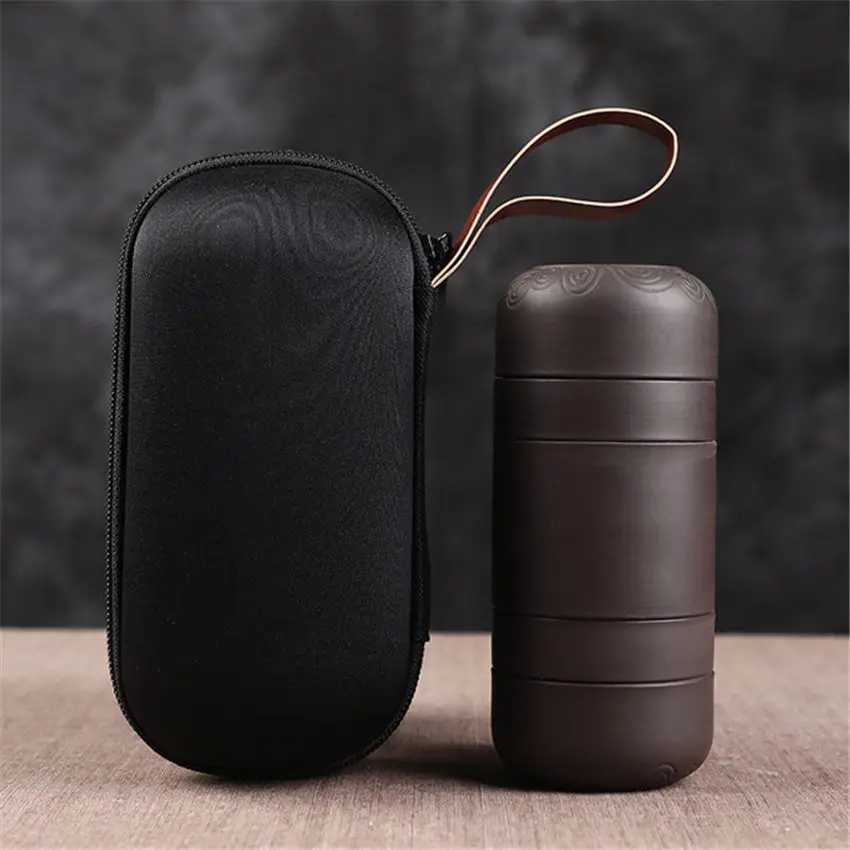

4Pcs Purple Clay Tea Cups 1Piece Teapot & Tea Filter All in A Portable Bag Chinese Tea Culture KungFu Tea Set Travel Tea Bag