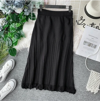 Осень Зима Новая мода Женская трапециевидная пуш-ап для бедер юбка Женская высокая талия плиссированная тонкая кисточка трикотажная юбка TB3047