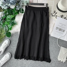 Осень Зима Новая мода Женская трапециевидная пуш-ап для бедер юбка Женская высокая талия плиссированная тонкая кисточка трикотажная юбка TB3047