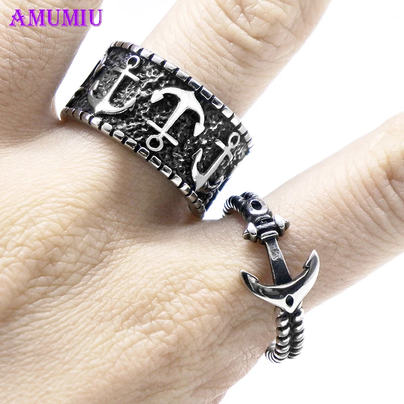 AMUMIU Luxury Navy Anchor Couple Ring Vintage Gothic Hip Hop Rock Punk Metal for Men Women Scales Rings Jewelry R065R066 | Украшения и