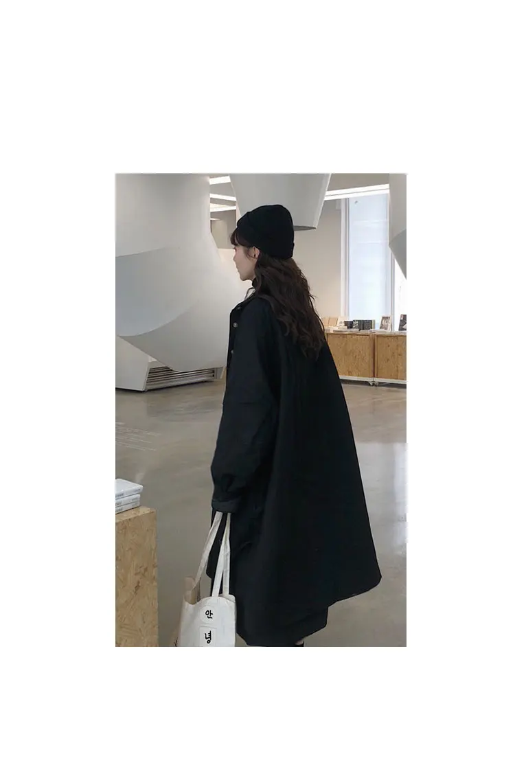 Korean-style Spring Retro Loose-Fit Mid-length Fold-down Collar Single Breasted Pocket Warm Padded Workwear Trench Coat Cotton C