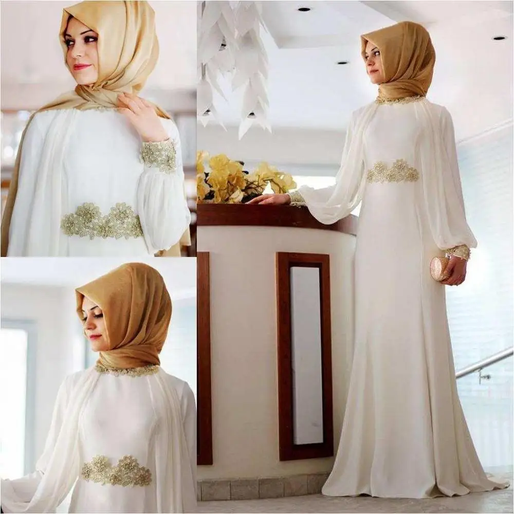 

Elegant Muslim Evening Dresses Long Sleeve Islamic Arabic Evening Gown Dubai Formal Prom Dress With Hijab White Women Party Gown
