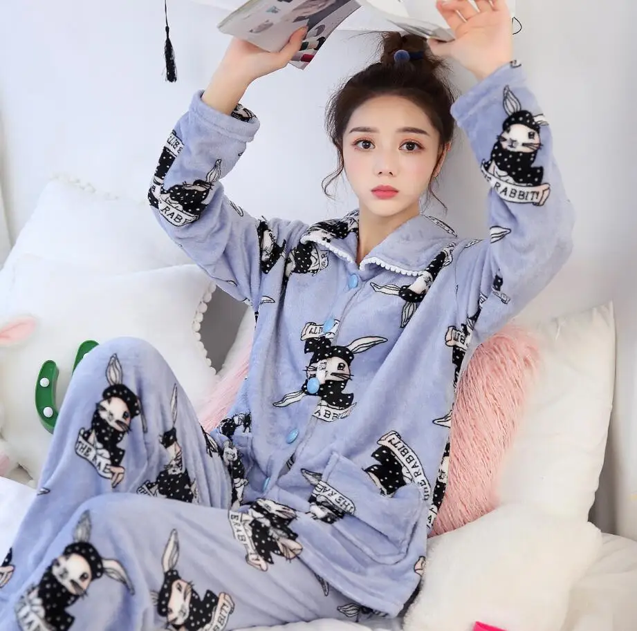 Зимняя женская теплая Повседневная Ночная рубашка, пижама, Фланелевая пижама с длинным рукавом, комплект женской домашней одежды, пижамы, женская одежда