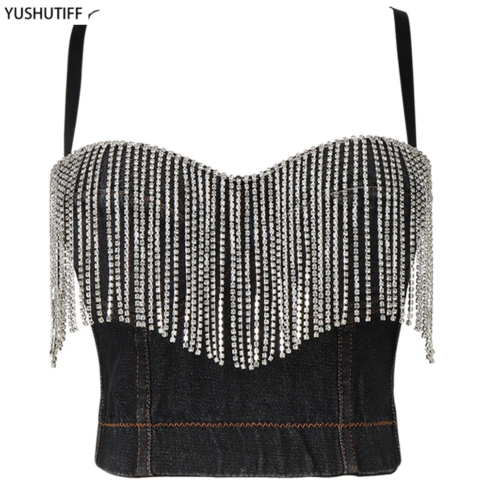 Denim Camis Women Top With Cups Cropped Corset Tops 2021 Slim Sexy Crop To Wear Out Party Nightclub Ropa Mujer DB1014 | Женская одежда
