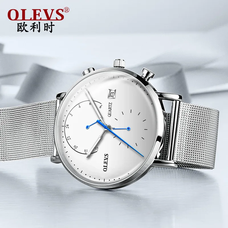 

OLEVS Brand Customizable Night Light Waterproof Quartz Watch Hot Selling Clean Steel Mesh Belt MEN'S Watch