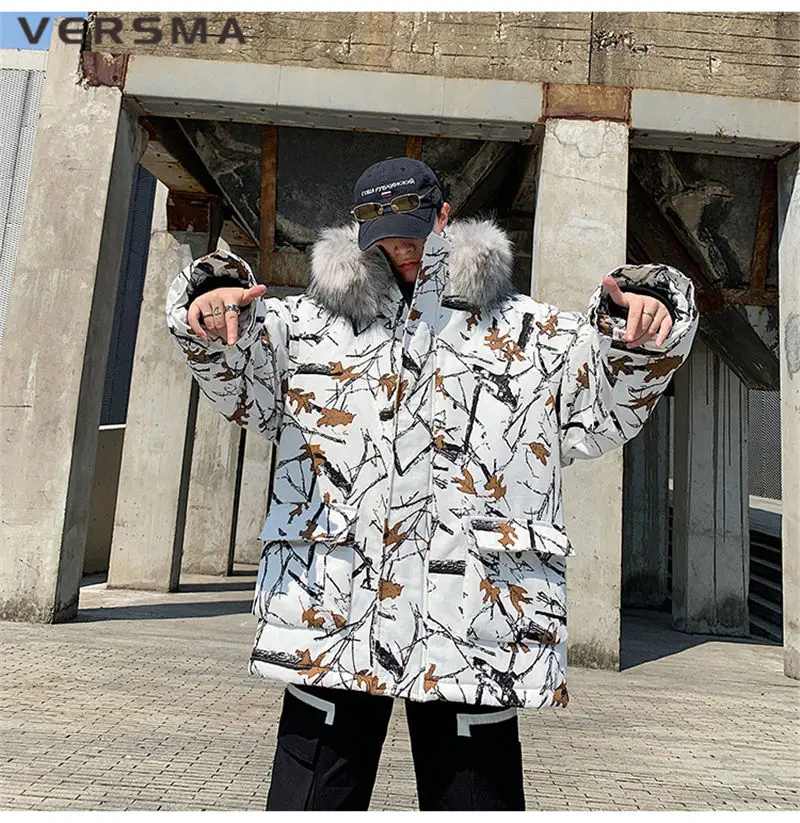VERSMA корейский Харадзюку Ретро принт "Кленовый лист" меховой воротник Мужская куртка пальто парка зима хип хоп негабаритных толстые теплые мужские парки