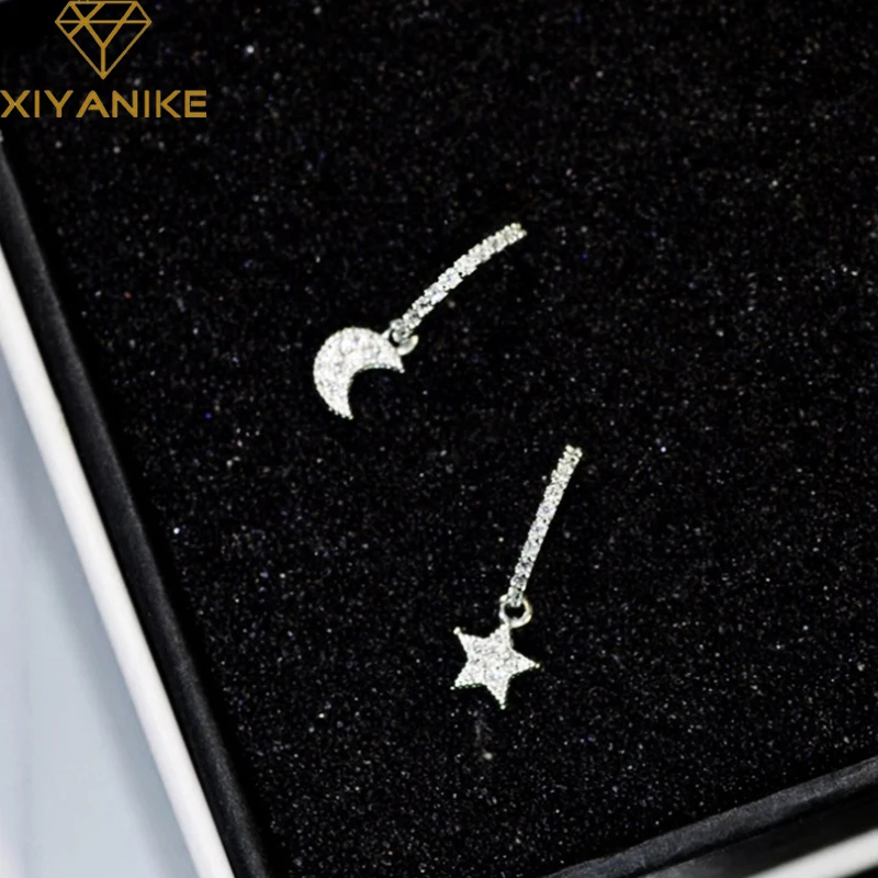 XIYANIKE, 925 пробы, серебро,, трендовые, элегантные, Лунная звезда, кристалл, серьги-гвоздики для женщин, для свадьбы, вечеринки, ювелирные изделия, аксессуары