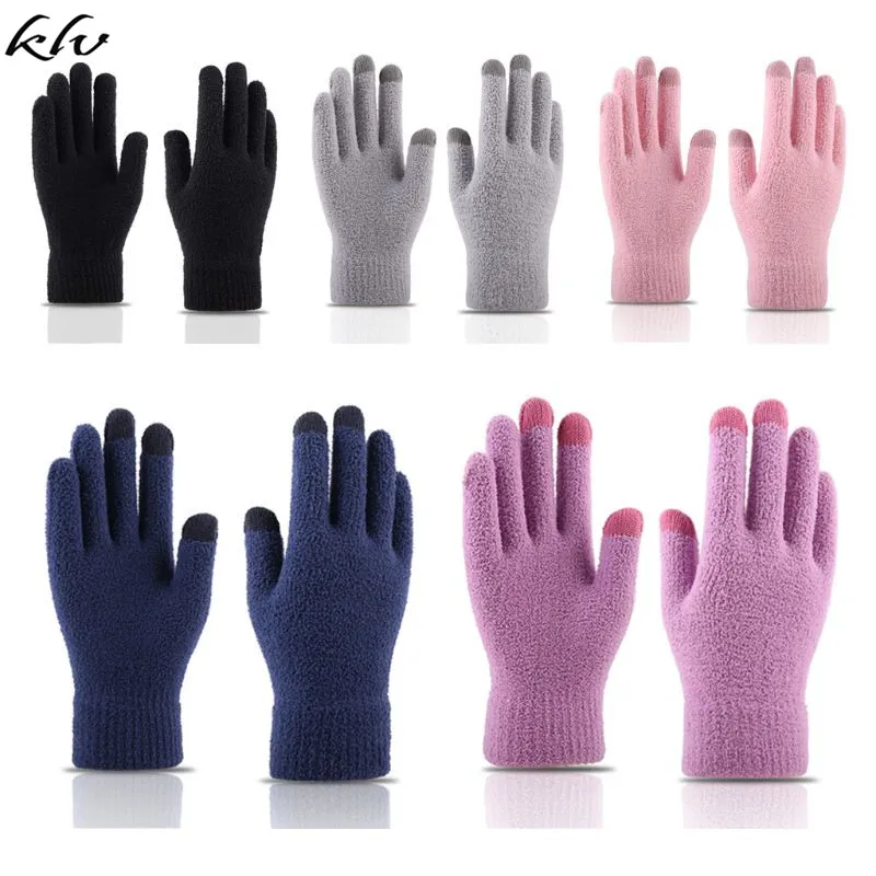 

Womens Mens Winter Thick Coral Vevet Warm Knitted Gloves Solid Color Magic Touchscreen Texting Elastic Cuff Cold Weather Mittens