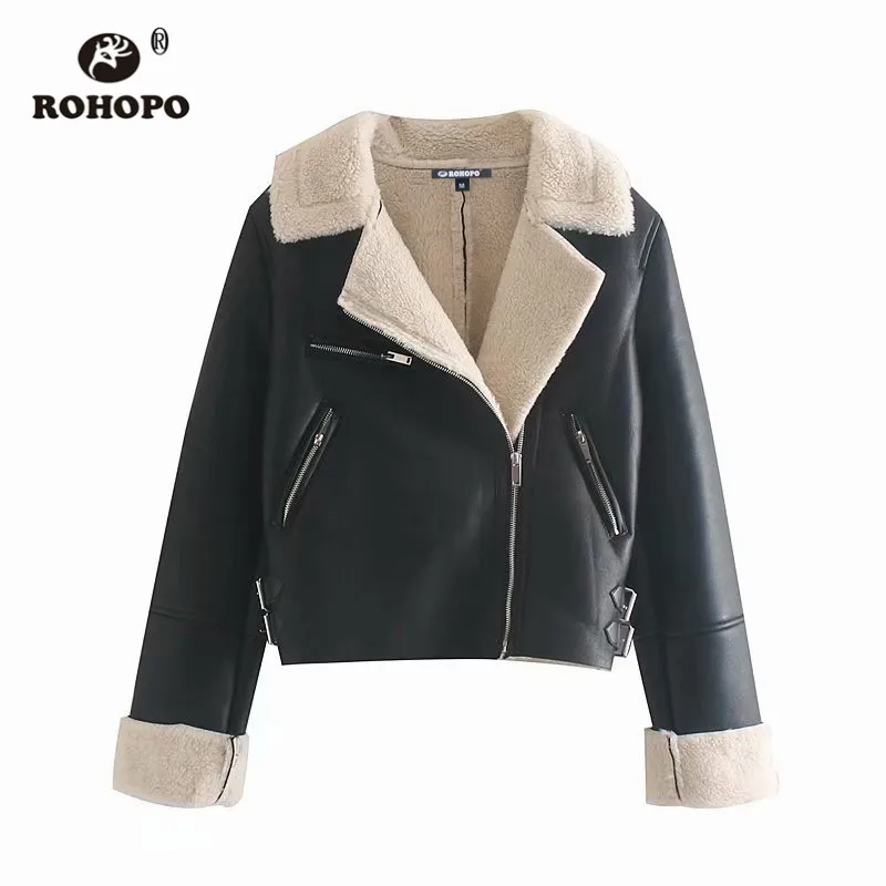 

ROHOPO Crack Leather Notched Collar Winter Jacket Fleece Lining Buckle Hem Motor & Biker Keep Warm Retro Slim Out coat #1029