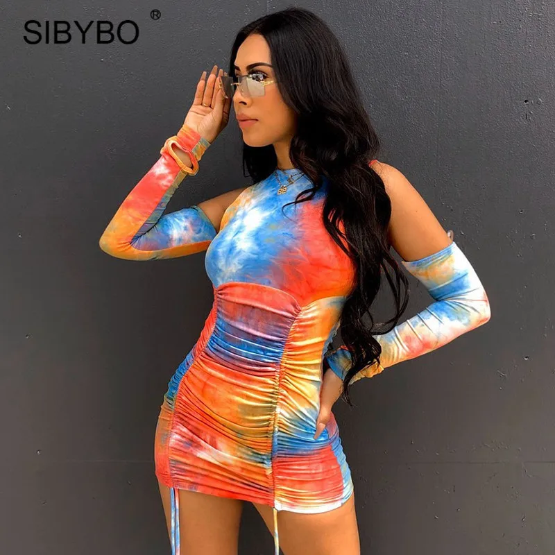 Женское мини платье с принтом Sibybo обтягивающее на завязках длинным рукавом для