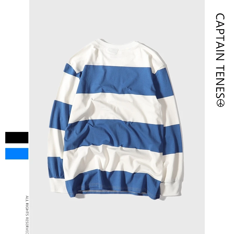 Captain TeNes Autumn New Men's Fashion Round Neck Stripe and Long Sleeve T-shirt Casual Pure Cotton Bottom Shirt TEE Captain TeNes Autumn New Men's Fashion Round Neck Stripe and Long Sleeve T-shirt Casual Pure Cotton Bottom Shirt TEE