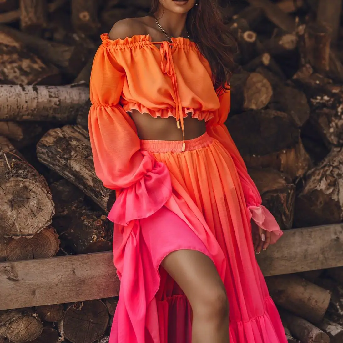 Women's Two-Piece Cover-ups Sets Gradient Color Beach Dress Boho Off Shoulder Long Sleeve Tie-Up Crop Tops+Maxi Ruffles Skirt