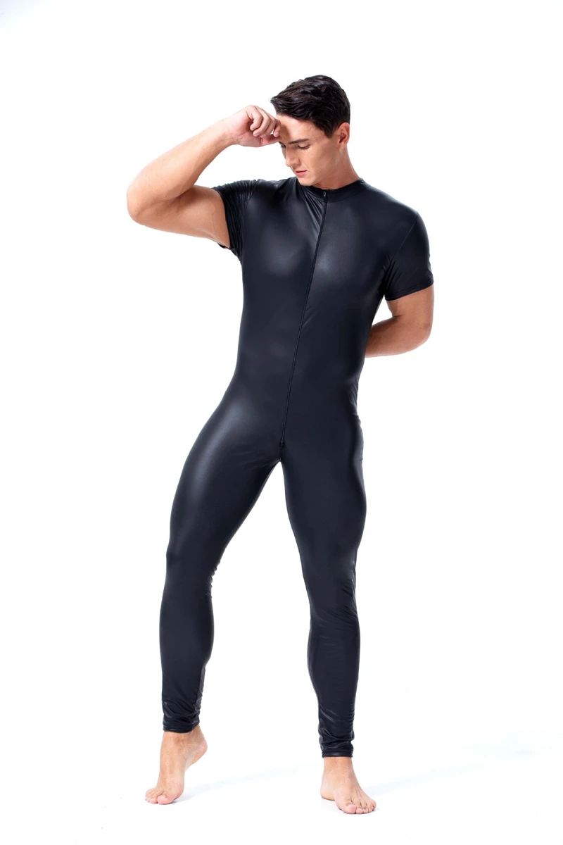 Men Sexy wetlook Faux Leather Catsuit PVC Latex Bodysuit Gay Zipper Open Crotch Clubwear fetish hot erotic Pole Dance Lingerie