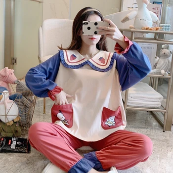 

Pajamas Set Sweet Doll Collar Women Pyjamas Blue Lace Bow Sleepwear Pyjama Cute Home Wear Women Winter Cartoon Cotton Nightwear