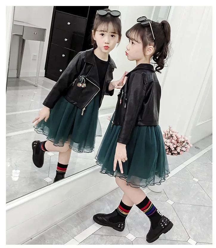 Новая модная одежда для девочек весенне-осенняя кожаная куртка с длинными рукавами в Корейском стиле Сетчатое платье комплект из двух предметов