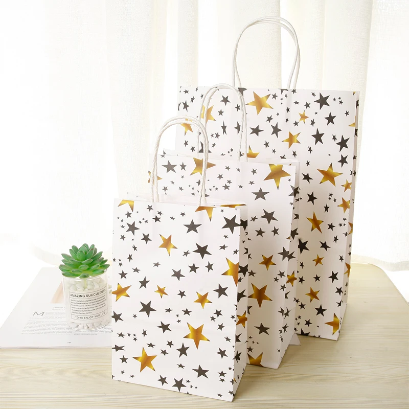 

10 Pcs 25x18cm High Quanlity Bronzed Star Striped Kraft Paper Bag DIY Multifunction Festival Gift Paper Bag With Handles