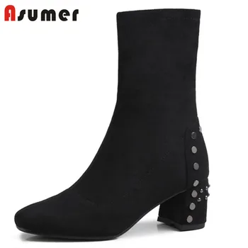 

ASUMER 2020 new arrival flock stretch boots zip round toe rivet autumn winter high heel dress party shoes women ankle boots