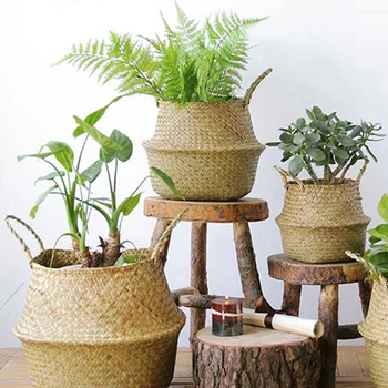 

Handmade Bamboo Storage Baskets Foldable Laundry Straw Patchwork Wicker Rattan Seagrass Belly Garden Flower Pot Planter Basket