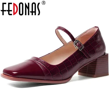 

FEDONAS Fashion Sexy Red Woman Shoes Genuine Leather Elegant Thick High Heels Pumps 2020 Autumn Wedding Party Shoes Woman Heels