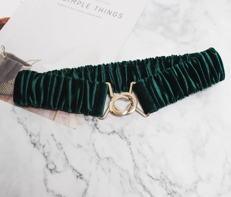 green SeeBeautiful New Fashion Autumn Winter Simple Metal Buckle Gold Velvet Cloth Elastic Girdle Waist Seal Belts Woman Q385 - Цвет: green