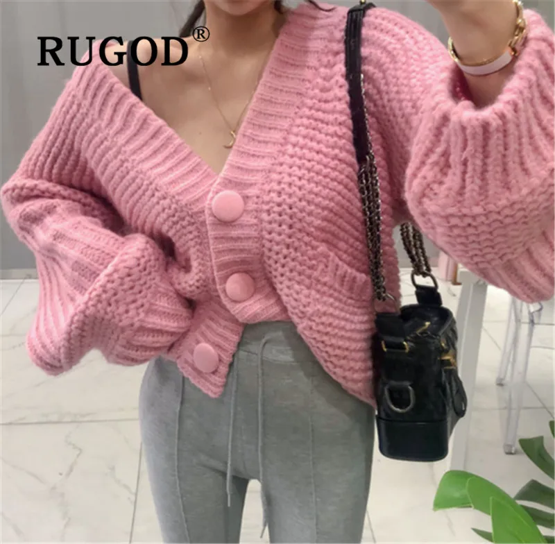 RUGOD New Korean Style V-neck Elegant Ovrsized Knitted Cardign Women Big Button Candy Color Sweater Fashion 2019 |
