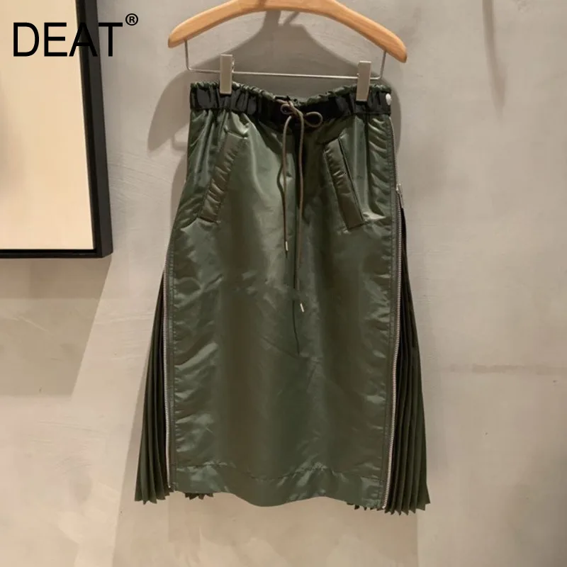 

DEAT 2020 New Spring High Waist Zippers Pleated Vintage Japen Styles Drawstring Half Body Skirt Female Bottom WJ97706L