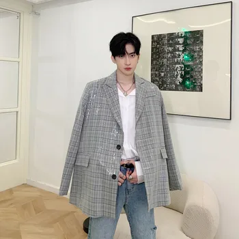 

Male Stage Fashion Show Clothing Spring Autumn Suit Jacket Overcoat Men Vintage Shining Plaid Casual Loose Suit Blazer Coat