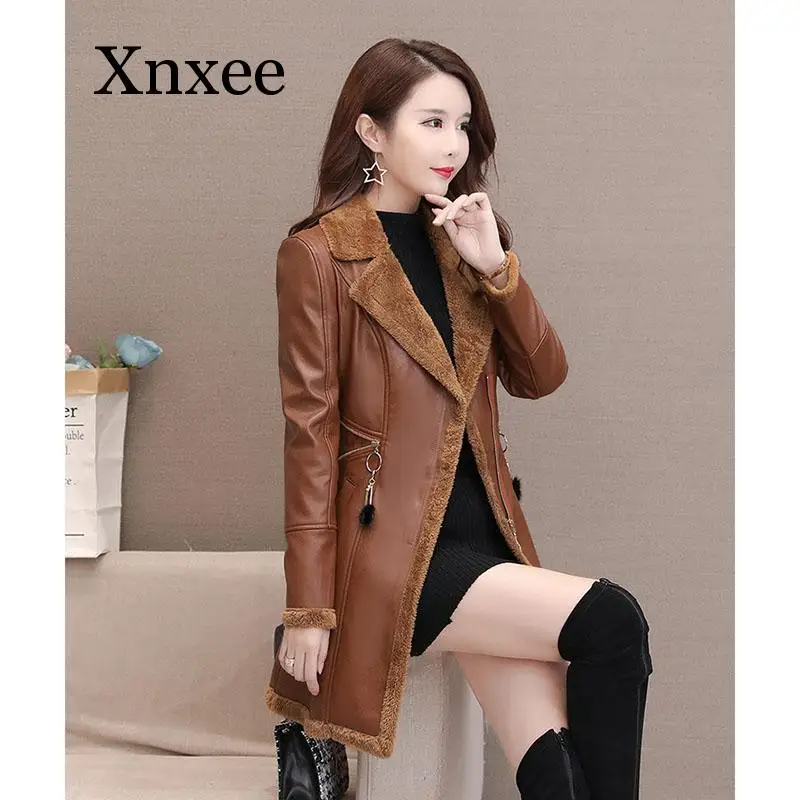 Women Leather Windbreaker Plus Velvet Thick PU Leather Cotton Coat Long Suit Collar Large Size Fashion Warm Leather Jacket