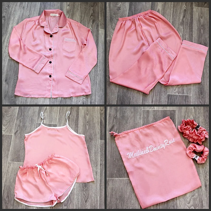 Женская пижама комплект из 7 предметов Шелковый топ с длинными рукавами штаны