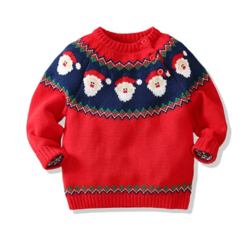 Вязаный рождественский свитер, Осенний хлопковый зимний свитер для маленьких девочек с меховым помпоном и вышивкой Санта Клауса, топы для маленьких мальчиков, свитер, одежда - Цвет: Red