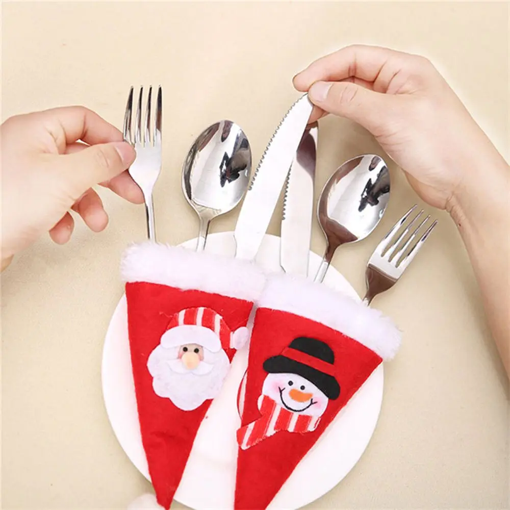 Santa Hat Reindeer Christmas New Year Pocket Fork Knife Cutlery Holder Bag Home Party Table Dinner Decoration Tableware