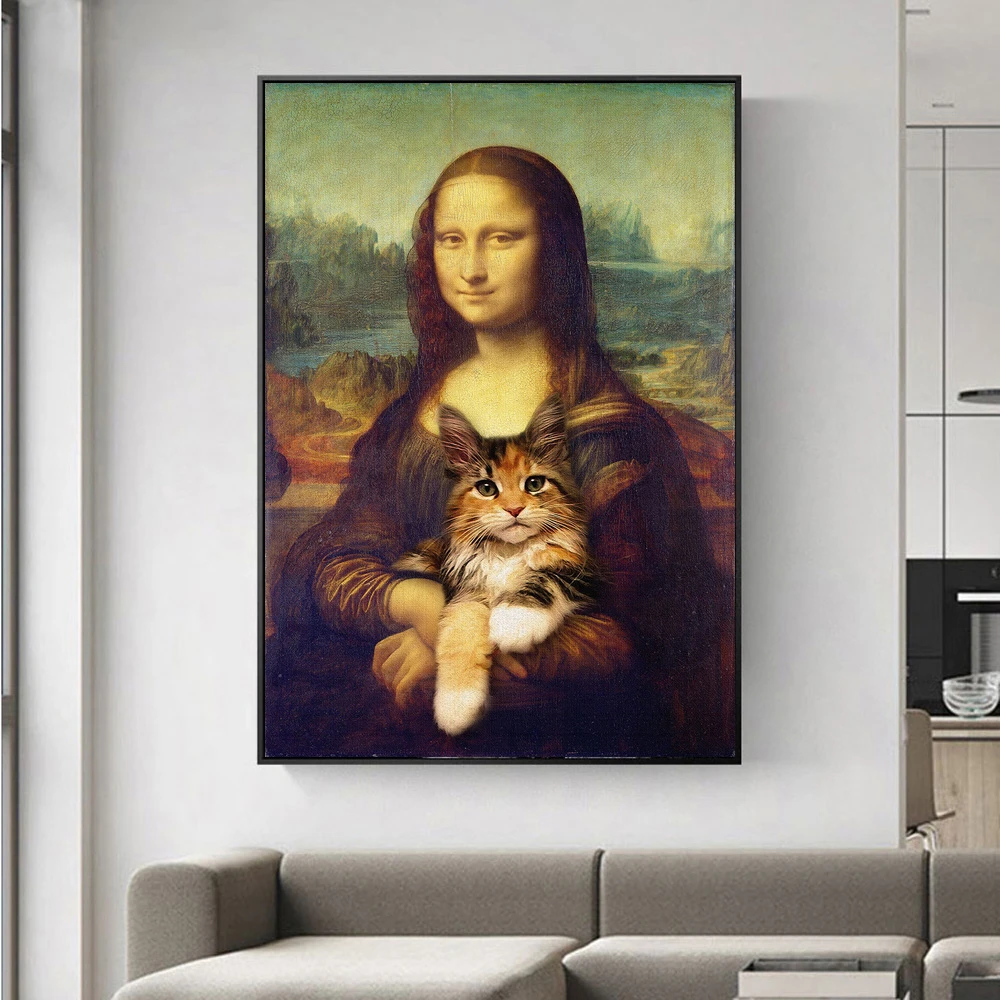 モナリザ保持猫おかしい芸術の絵画壁の芸術ポスターやプリント有名なアート古典絵画のためのリビングルーム Painting Calligraphy Aliexpress
