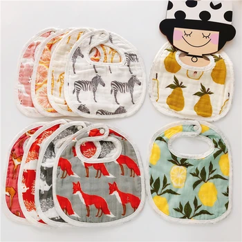 

EnkeliBB Organic cotton Yarn Baby Animal Fruit Pattern Cotton Bibs Fox Lemon Pear Pattern Baby Feed Bib