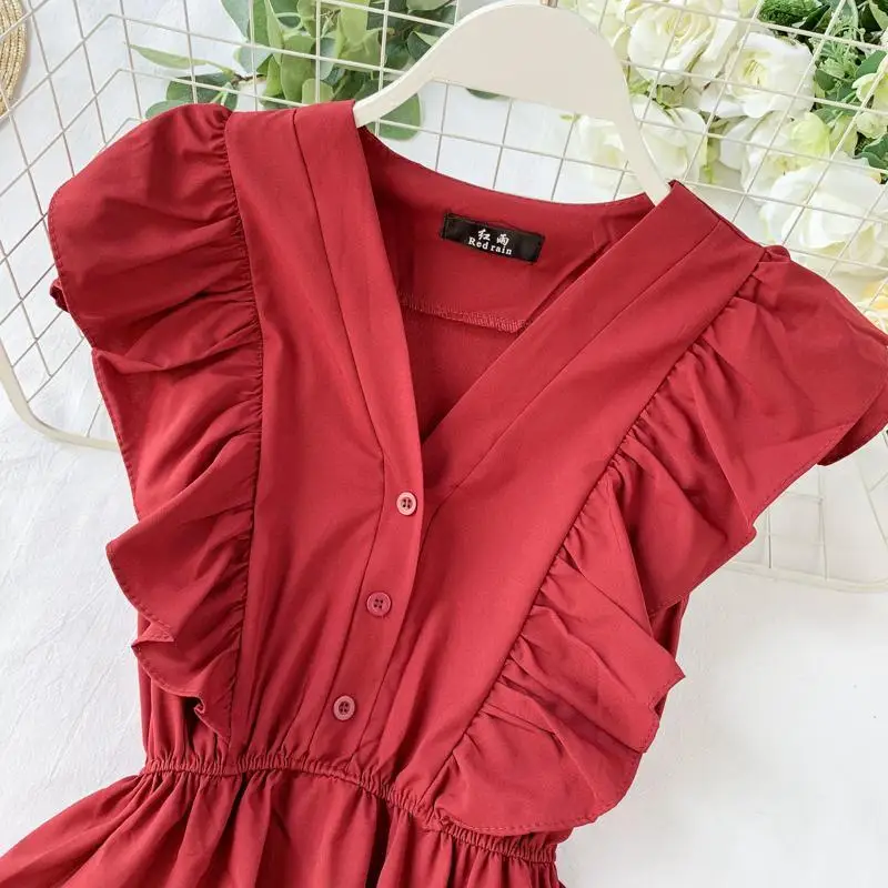Elegant Women Midi Dress Fashion Summer Button A Line Sleeveless Ruffles Button High Waist Female Beach Vestidos New