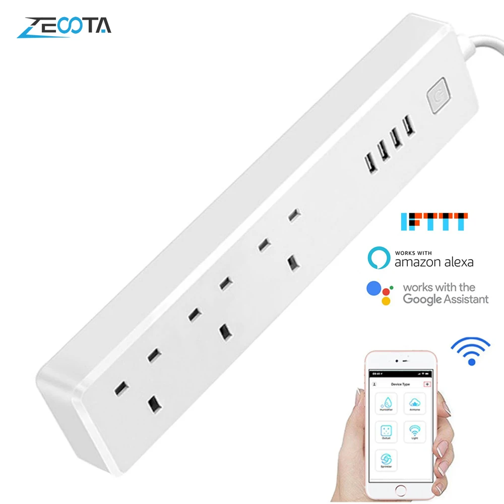 

Multi WiFi Smart Power Strip Surge Protector UK Electrical Plugs Adaptor Socket 3 Outlets 4 USB Port work with Alexa Google Home