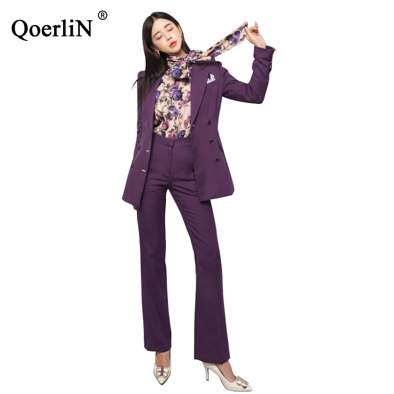 QoerliN, брюки, костюмы для женщин, фиолетовый, длинный рукав, Блейзер, двубортный пиджак, обтягивающие прямые брюки, полная длина, 2 предмета, одежда для офиса