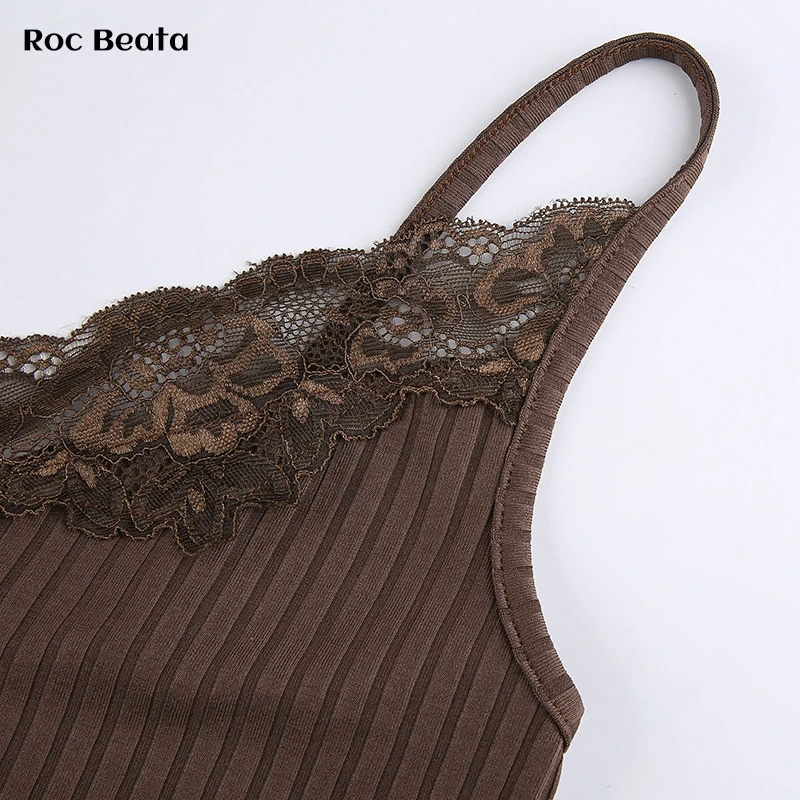 green bra Patchwork Lace Brown Y2K Crop Top Summer V Neck Sexy Sleeveless Cami Tops Tee Backless Spaghetti Strap Top camisole bra