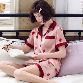 

Summer New 2 Pieces Pajamas for women Printed Pijamas Silk Satin Sleepwear Short Sleeve Pants Women's Home Clothes Sexy M-2XL