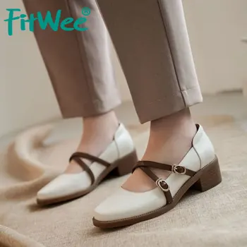 

FITWEE Women Pumps Genuine Leather Classics Shoes Woman Dress Ladies Chunky Heel Spring Pumps Simple Footwear Size 33-43