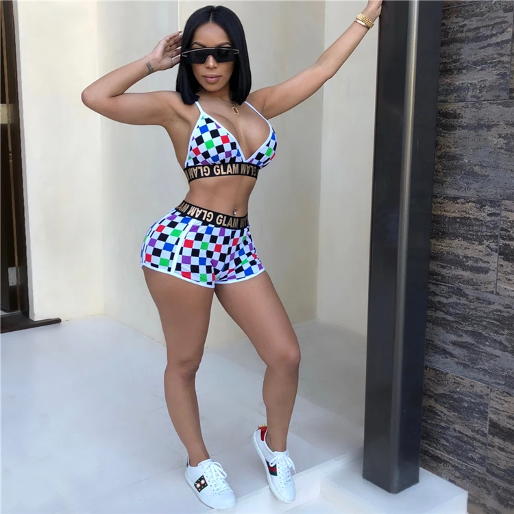 TY7014 sexy contrast color plaid spaghetti strap plaid sports bra shorts two piece set
