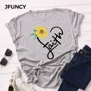 

JFUNCY Plus Size Women T-shirts Female Short Sleeve Summer Cotton T Shirt Faith Letter Printed Basic Tops Woman Casual Tee Shirt