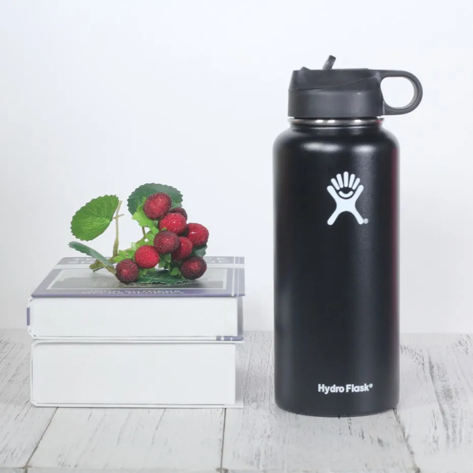 Бутылка для воды из нержавеющей стали, бутылка для воды с вакуумной изоляцией, портативная термобутылка для путешествий с широким горлом, 18 унций/320 - Цвет: black