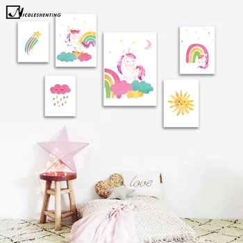 

Colorful Rainbow Unicorn Canvas Child Poster Baby Nursery Wall Art Print Cartoon Painting Decorative Picture Kid Room Decoration