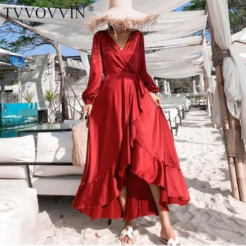 

Vintage Red Silk Satin Summer Beach Holiday Long Dress 2019 Summer Women Ruffles Long Sleeve V Neck Backless Wrap Dresses X311