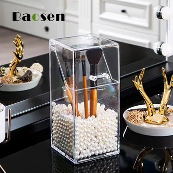 

Baosen Pearl Makeup Brush Bucket Storage Box Makeup Storage Box with Dust Cover Acrylic Eyebrow Pencil Storage Rack
